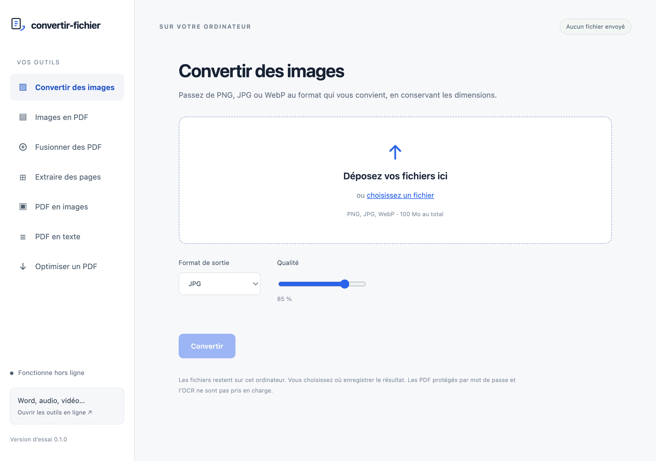 L’application Convertir Fichier avec sa liste d’outils PDF et images et sa zone de sélection des fichiers